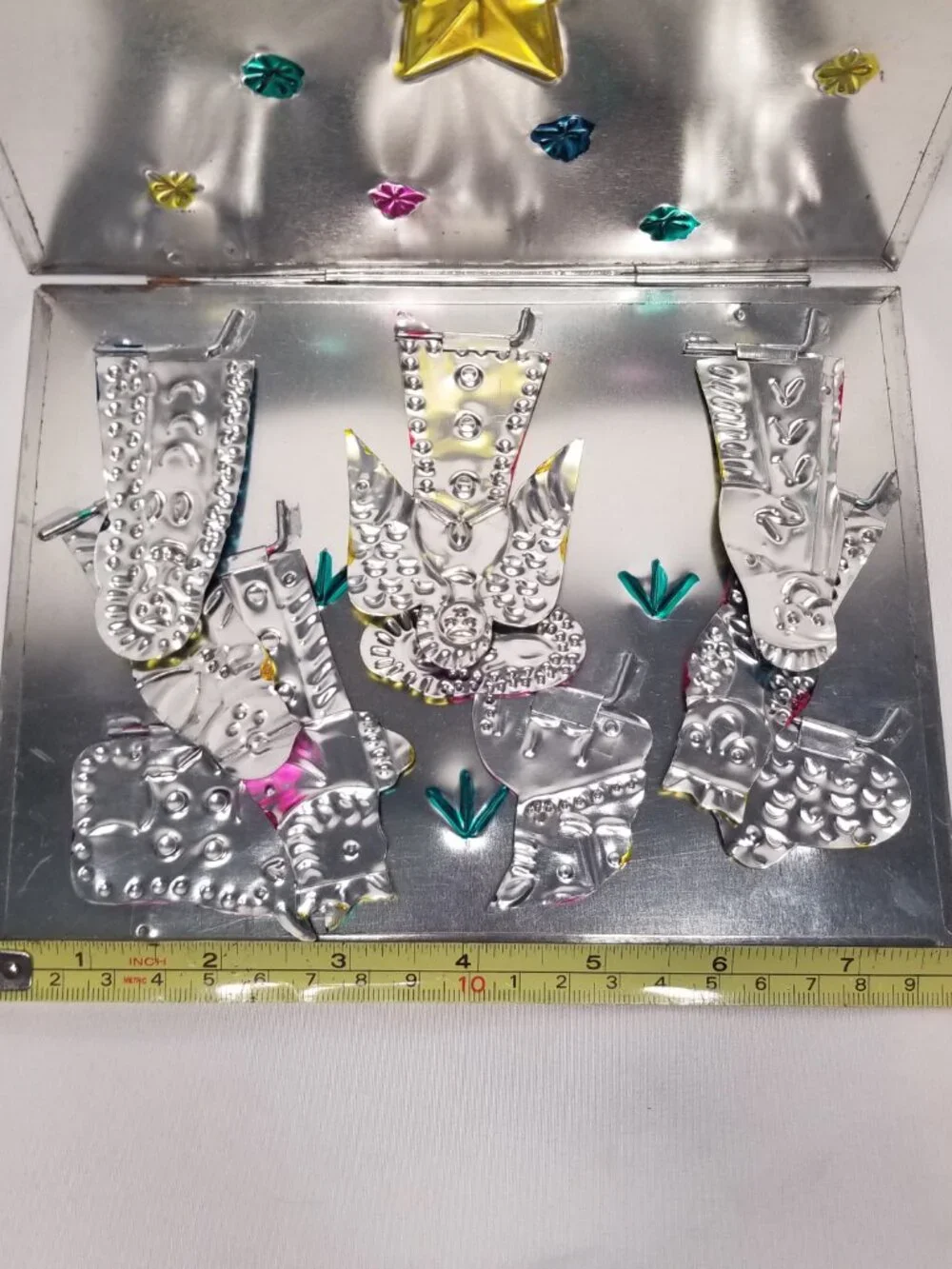 Mexican Folk Art Punched Tin Folding Pop Up Nativity Scene Hand Painted Display